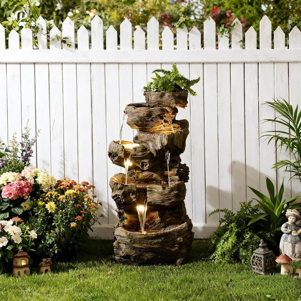 40" H Outdoor Water Fountain with 5 Tiers Large Cascading Realistic Tree Trunk Waterfall Fountains with LED Lights