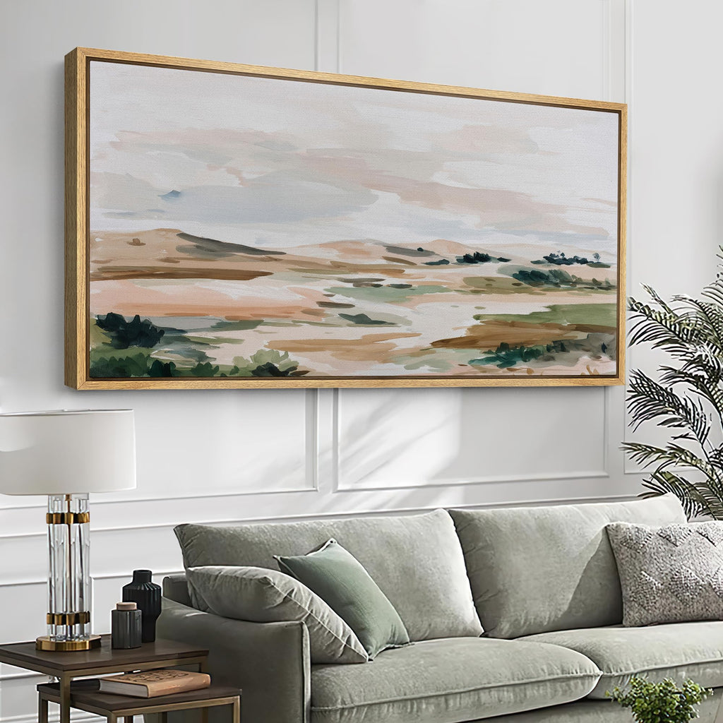 Extra Large Framed Canvas Print Wall Art Soft Abstract Desert Landscape Illustrations Modern Art Calm Warm - 60"" x30