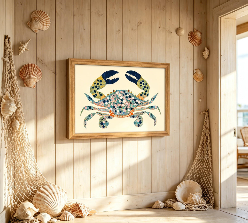 Solid Wood Framed Watercolor Blue Coastal Crab Canvas Wall Art