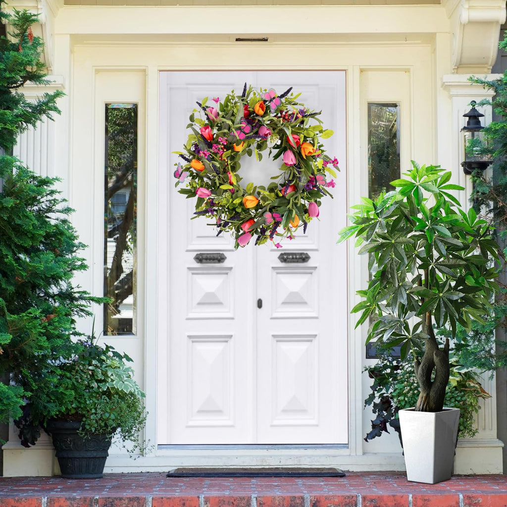 24" Wreaths for Front Door, Wreath with Tulip Wreath, Butterfly, Lavender and Eucalyptus, Vivid Artificial Floral for