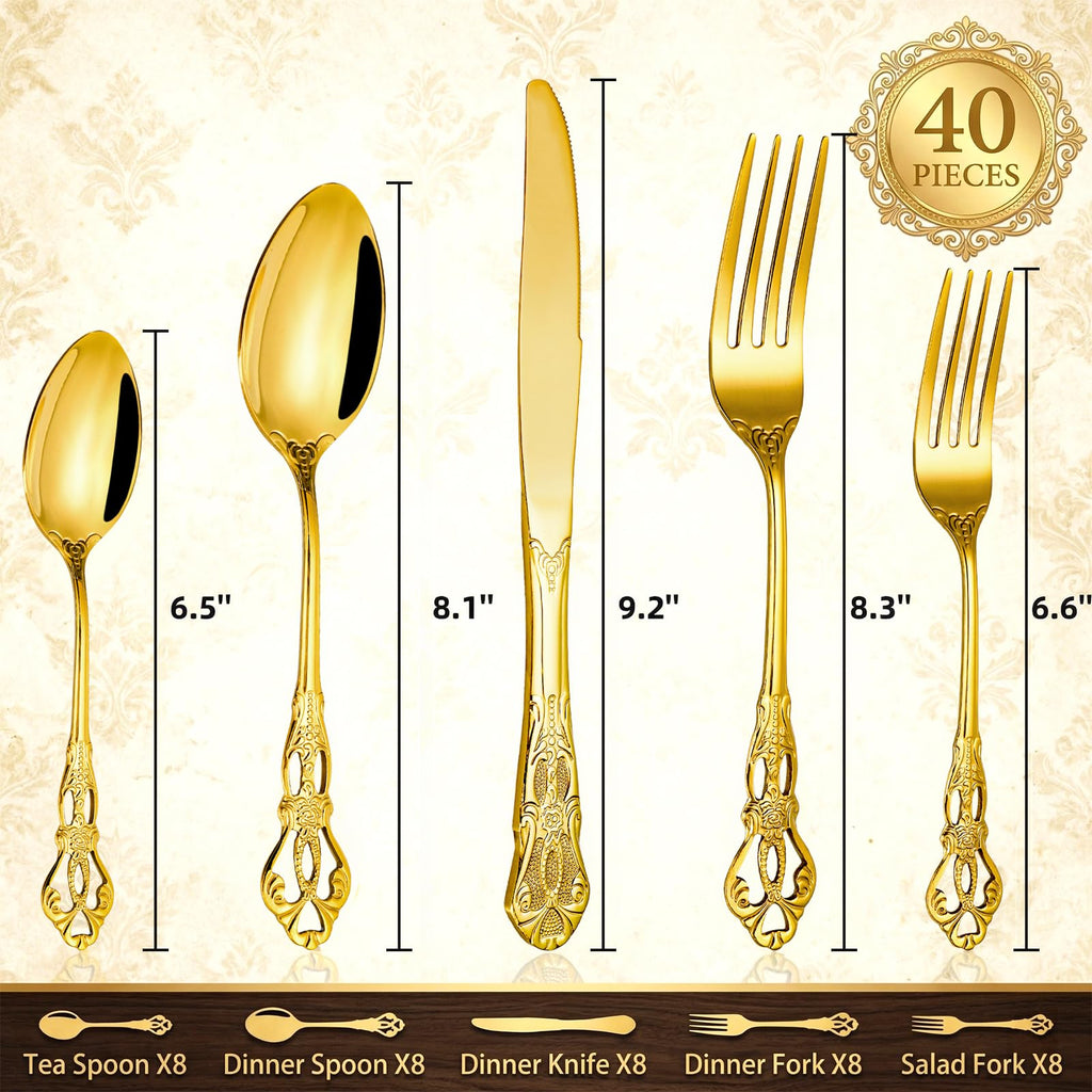 40 Pieces Gold Silverware Set for 8, Retro Royal Utensils Set Gold, Stainless Steel Flatware Dinnerware Set Including