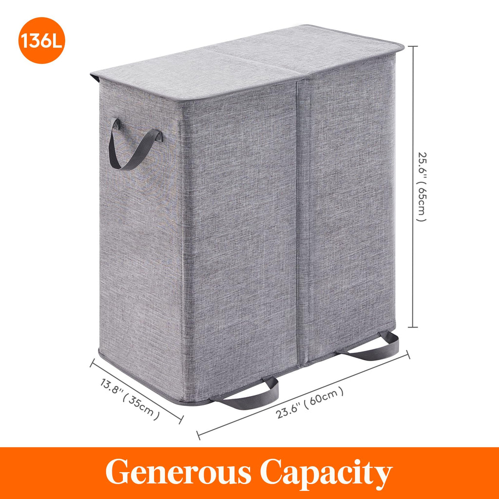 Double Laundry Hamper with Lid, Removable Laundry Bags, Gray