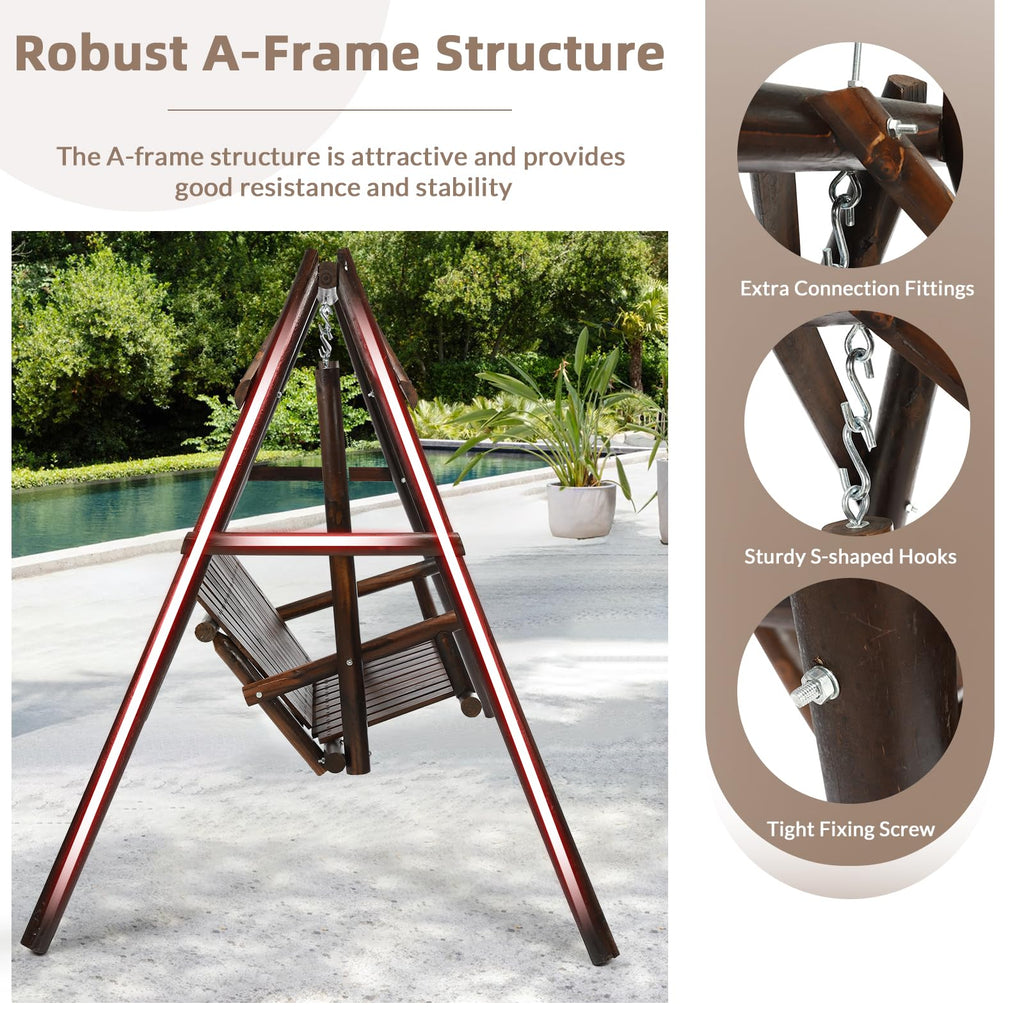 2-Seat Porch Swing, Wooden Log Patio Swings Chair Bench with Stand, Rustic Hardwood Swing Chair with Curved Back