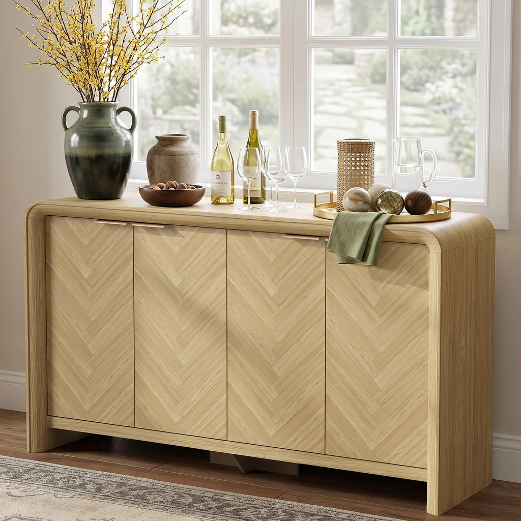 55" Buffet Cabinet with Storage, Herringbone Sideboard Cabinet, Oak