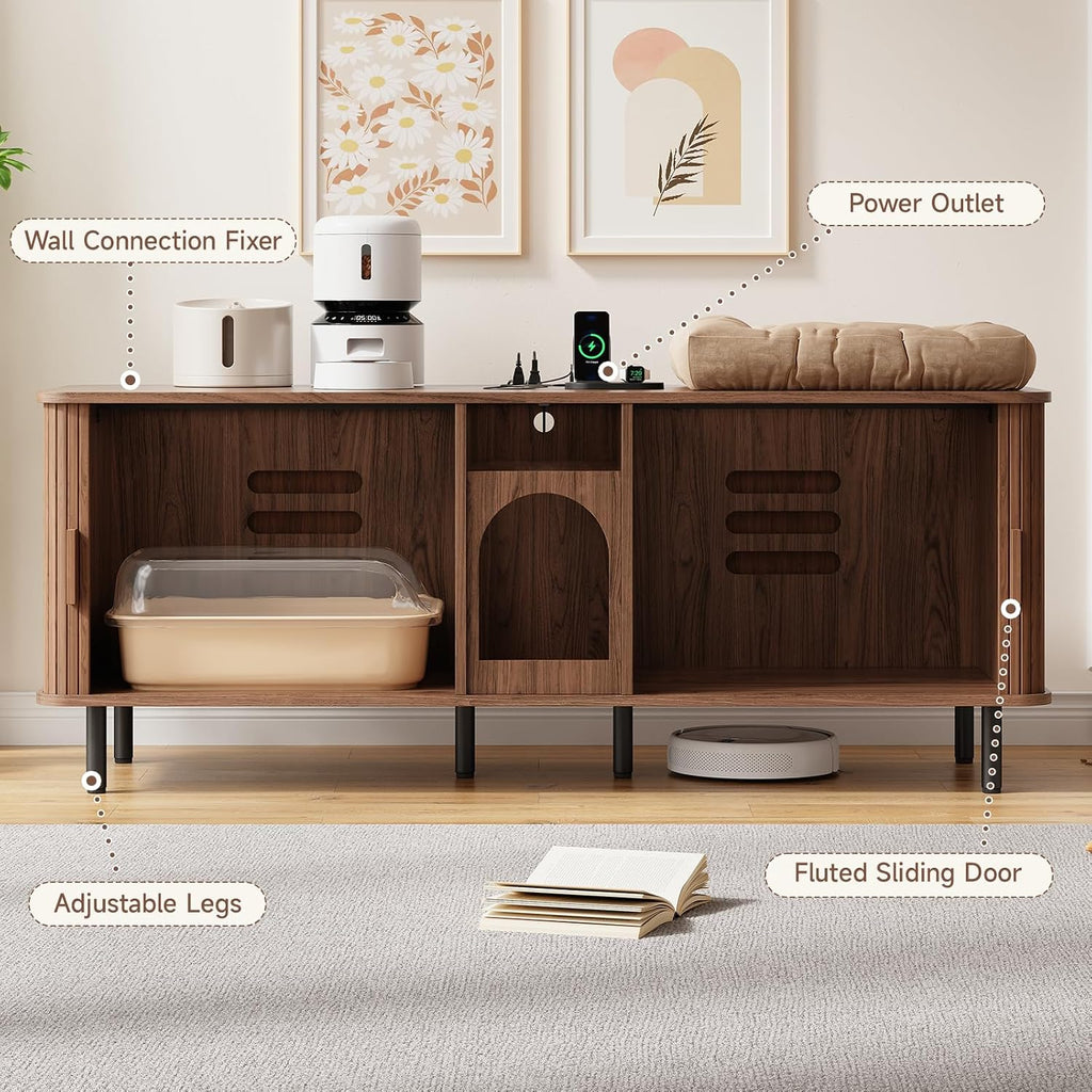 65 Inches Cat Litter Box Enclosure for 2 Cats, Walnut