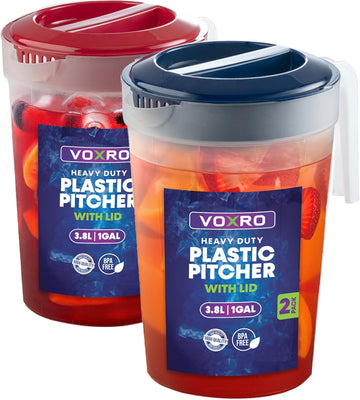 2-Pack 1-Gallon Plastic Pitchers with Lids - Iced Tea Pitchers with Twist Cover BPA-Free, Dishwasher & Freezer Safe