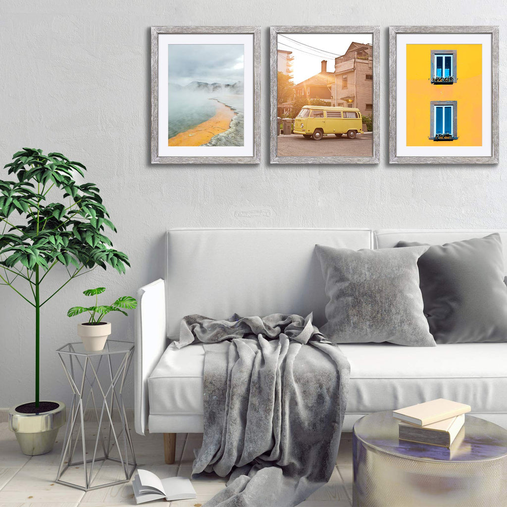 11x14 Solid Wood Picture Frame, Distressed Driftwood White - Rustic Farmhouse Design, 2 Mats for 9x12 or 8x10 Photos