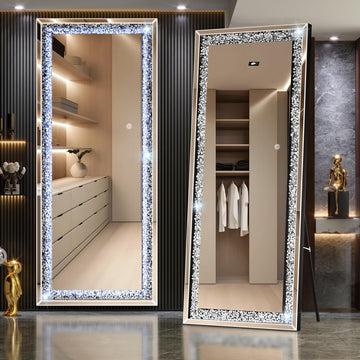 69"×26" Full-Length Mirror with Lights - Crystal Crush Diamond Wall Mounted Hanging Diamond Mirror Leaning Bedroom