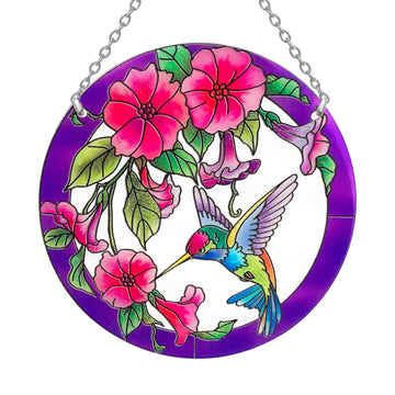Purple Hummingbird Stained Glass Suncatcher, 8.6 inch Real Glass Bird and Flowers Window Hanging with Hook and Chain