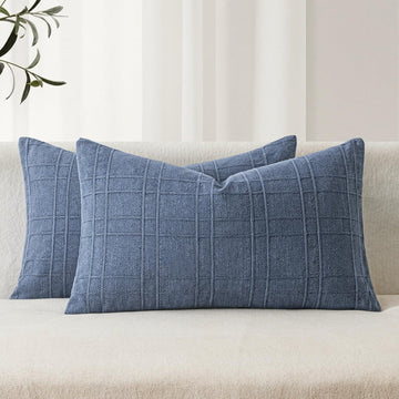 Linen Plaid Pillow Covers Coastal Decorative Lumbar 12x20 Blue