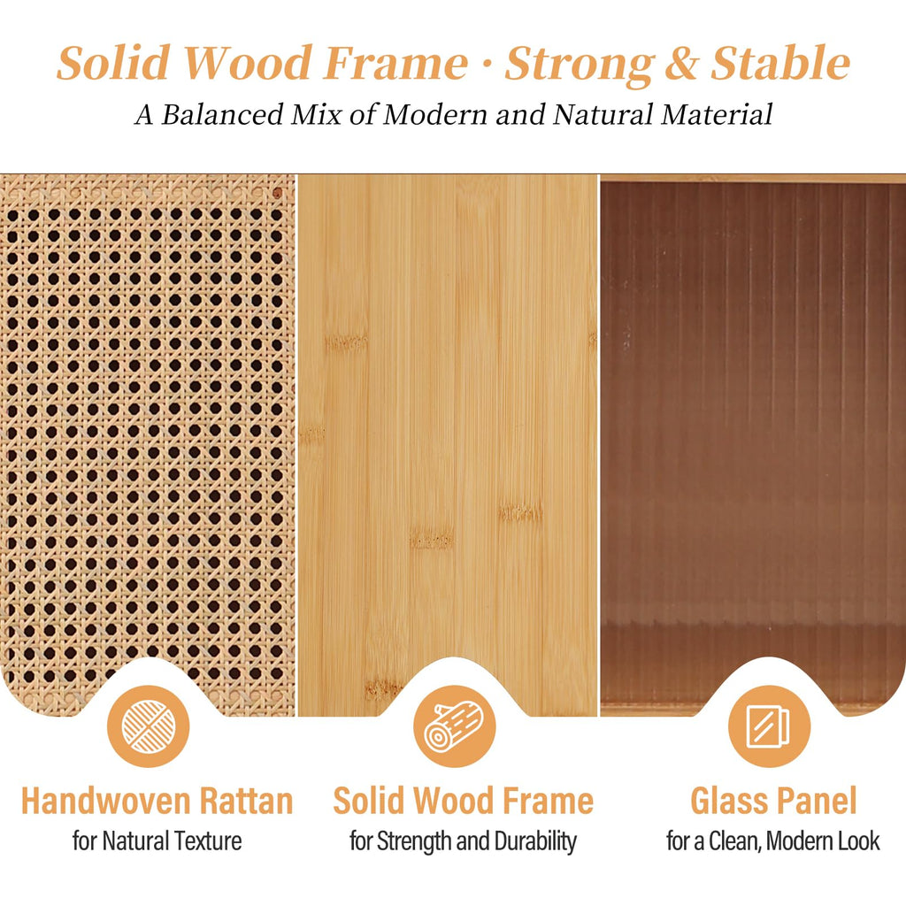 Rattan TV Stand for 55 Inch TV, Bamboo Cabinet with Storage, Wood