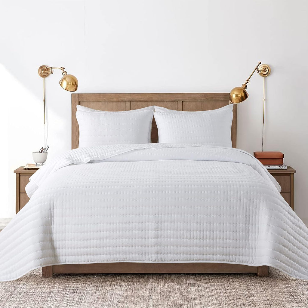 White Queen Quilt Bedding Sets with Pillow Shams, Full Lightweight Soft Bedspread Coverlet, Quilted Blanket Thin