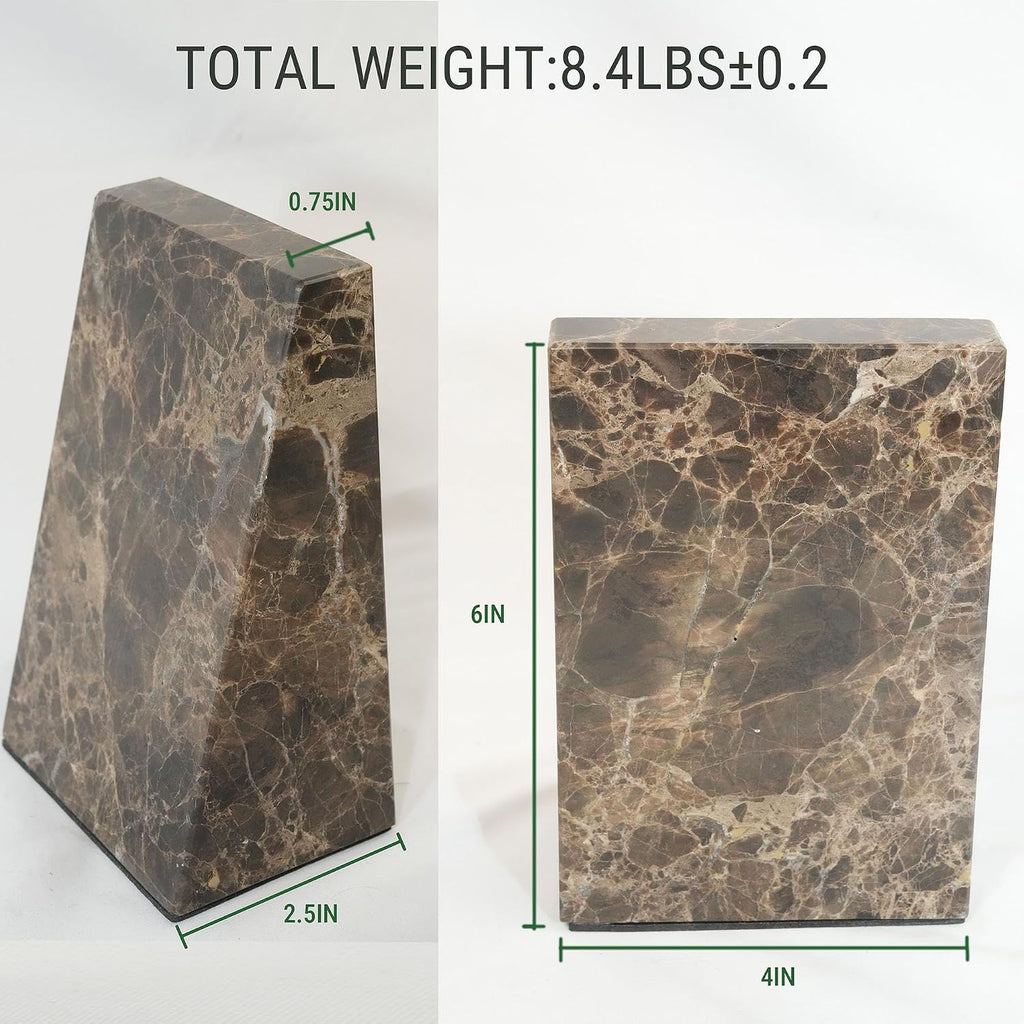 Decorative Bookends for Bookshelves, Set of 2 Marble Bookends , Heavy Duty,2 Pieces, Brown