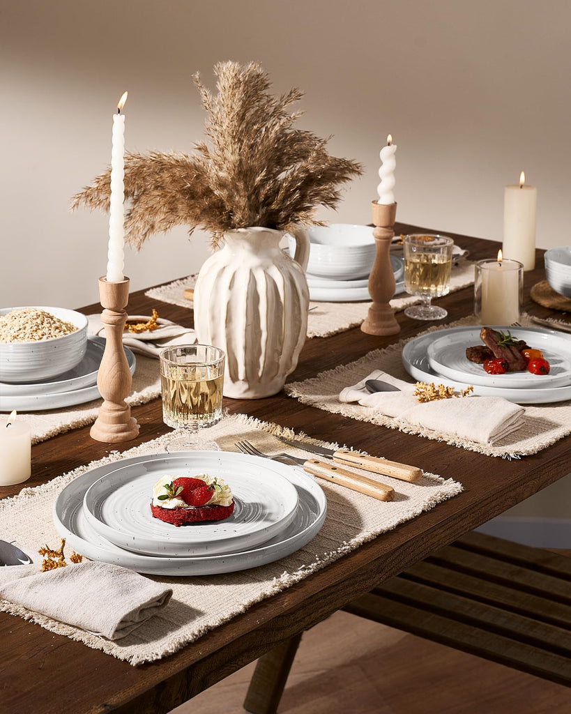 Stoneware Dinnerware Sets for 4, Coupe Plates & Bowls, White Reactive Glaze