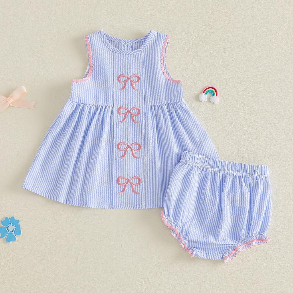 Baby Girl Summer Outfit Bow Embroidered Sleeveless Striped Tank Tops and Ruffle Bloomer Shorts Sets