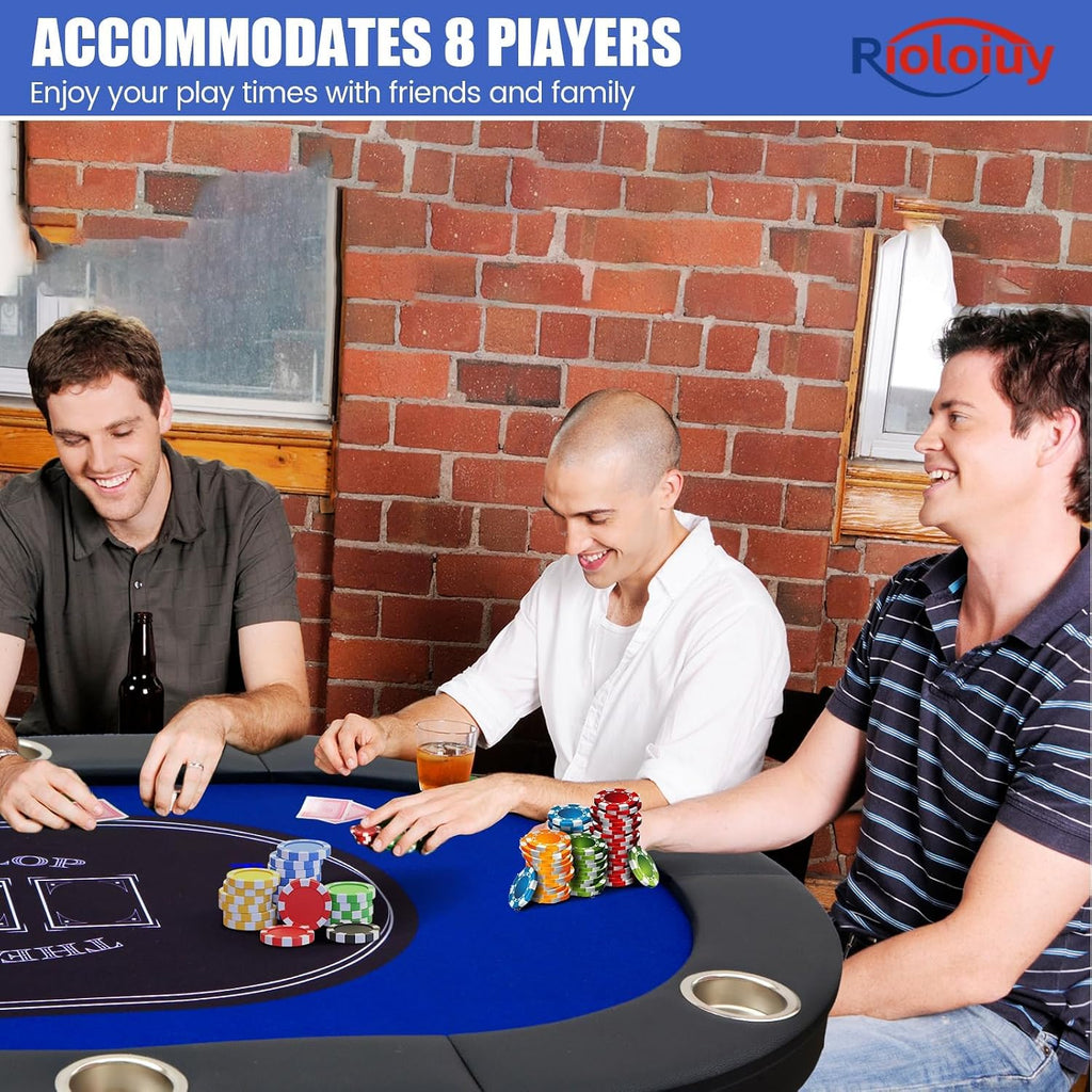 8 Player Poker Table Foldable, Texas Holdem Casino Table with Padded Rails & Cup Holders, Portable Folding Game Table
