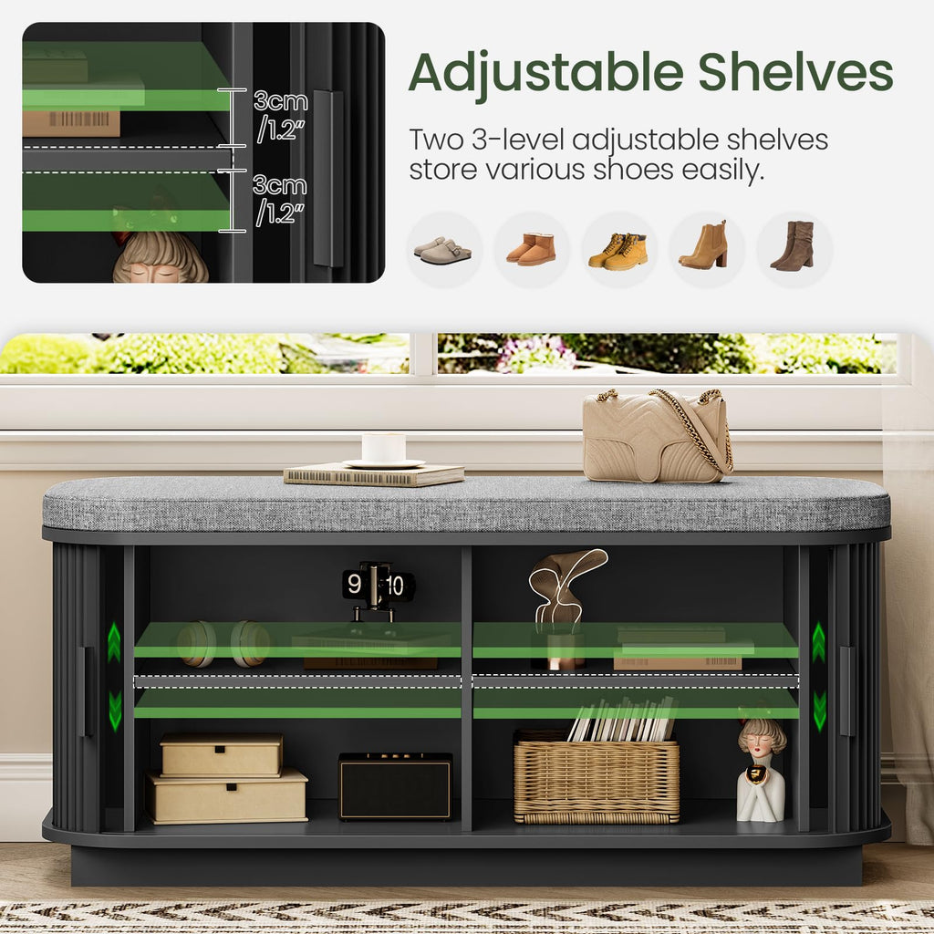 39.4" Fluted Shoe Storage Bench with Cushion and Sliding Door