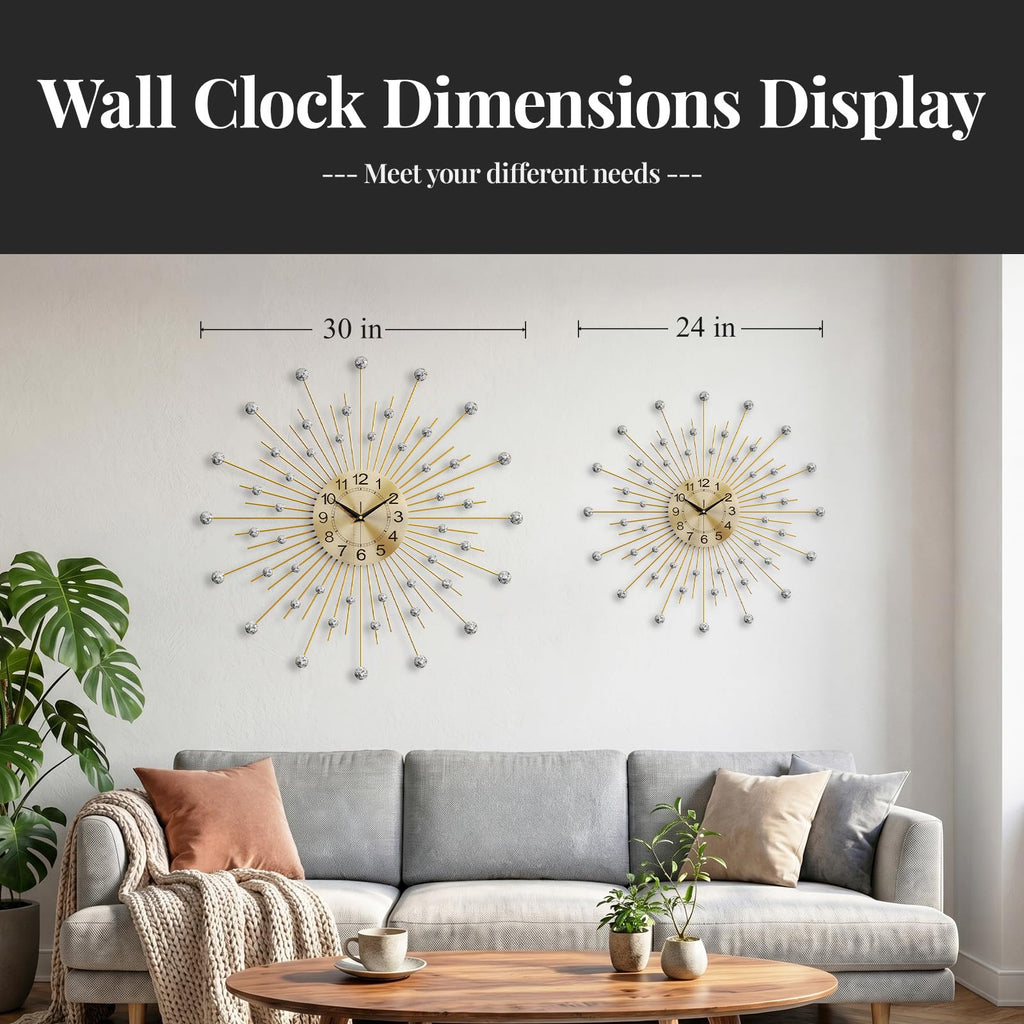 30 Inch Gold Wall Clock Mid Century Modern Crystal Sunburst Clock