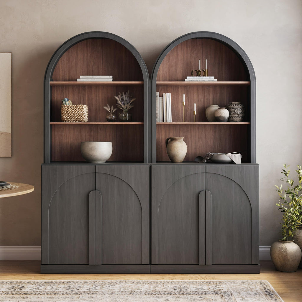 Arched Bookshelf with Storage Set of 2, 71" Tall Wood Curio Display Cabinet with Adjustable Shelf, 5 Tier Modern