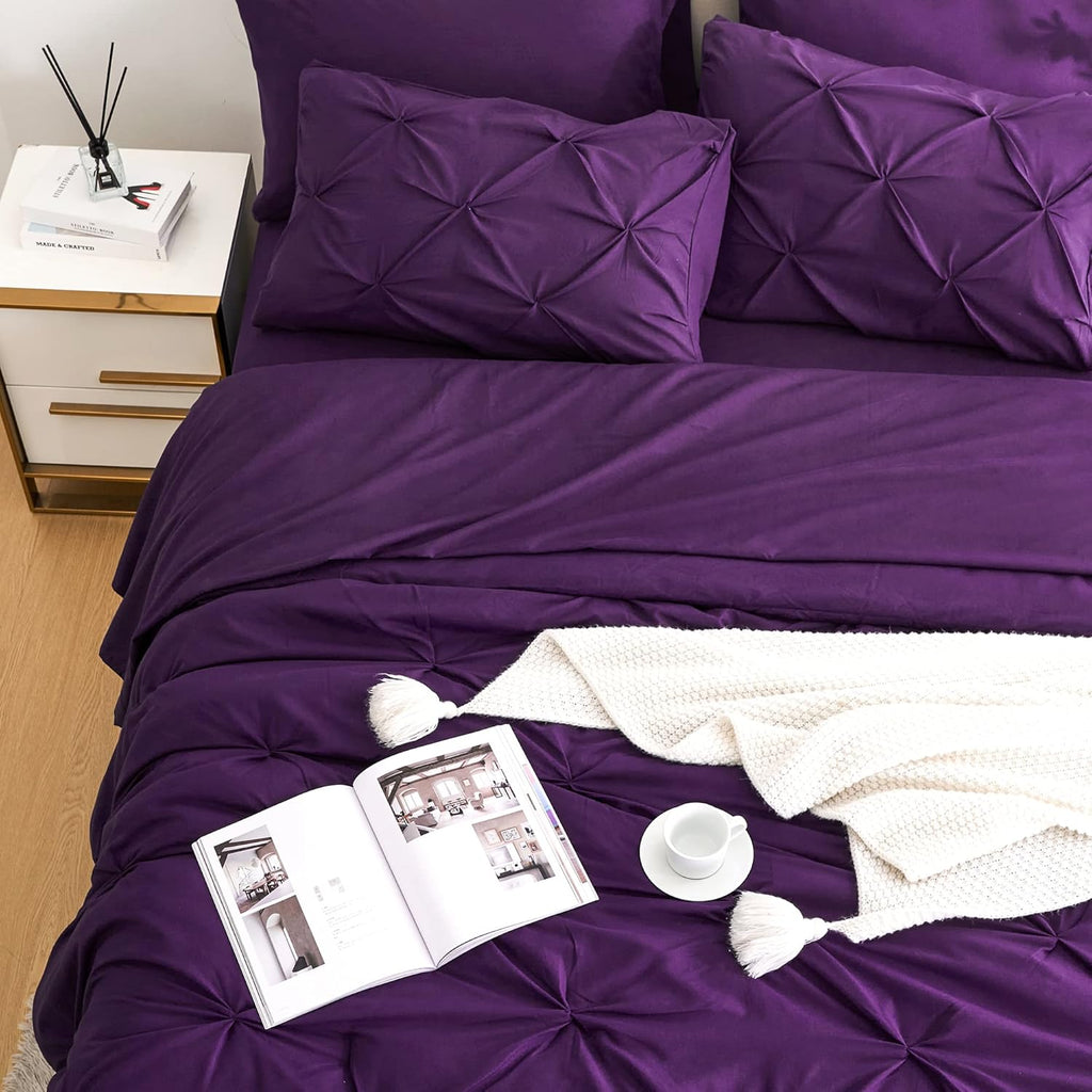 7pc Purple Comforter Set Queen with Sheets, Pintuck 7 Piece Bedding Comforters Bed in a Bag for All Season