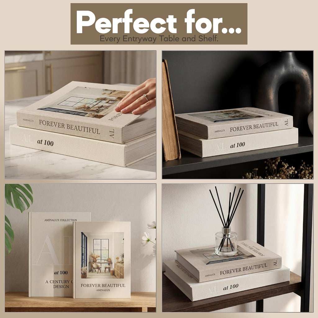 Decorative Books Decor with Storage - Set of 2 Faux Linen Book Boxes with Aesthetic Covers - Enhance Your Coffee