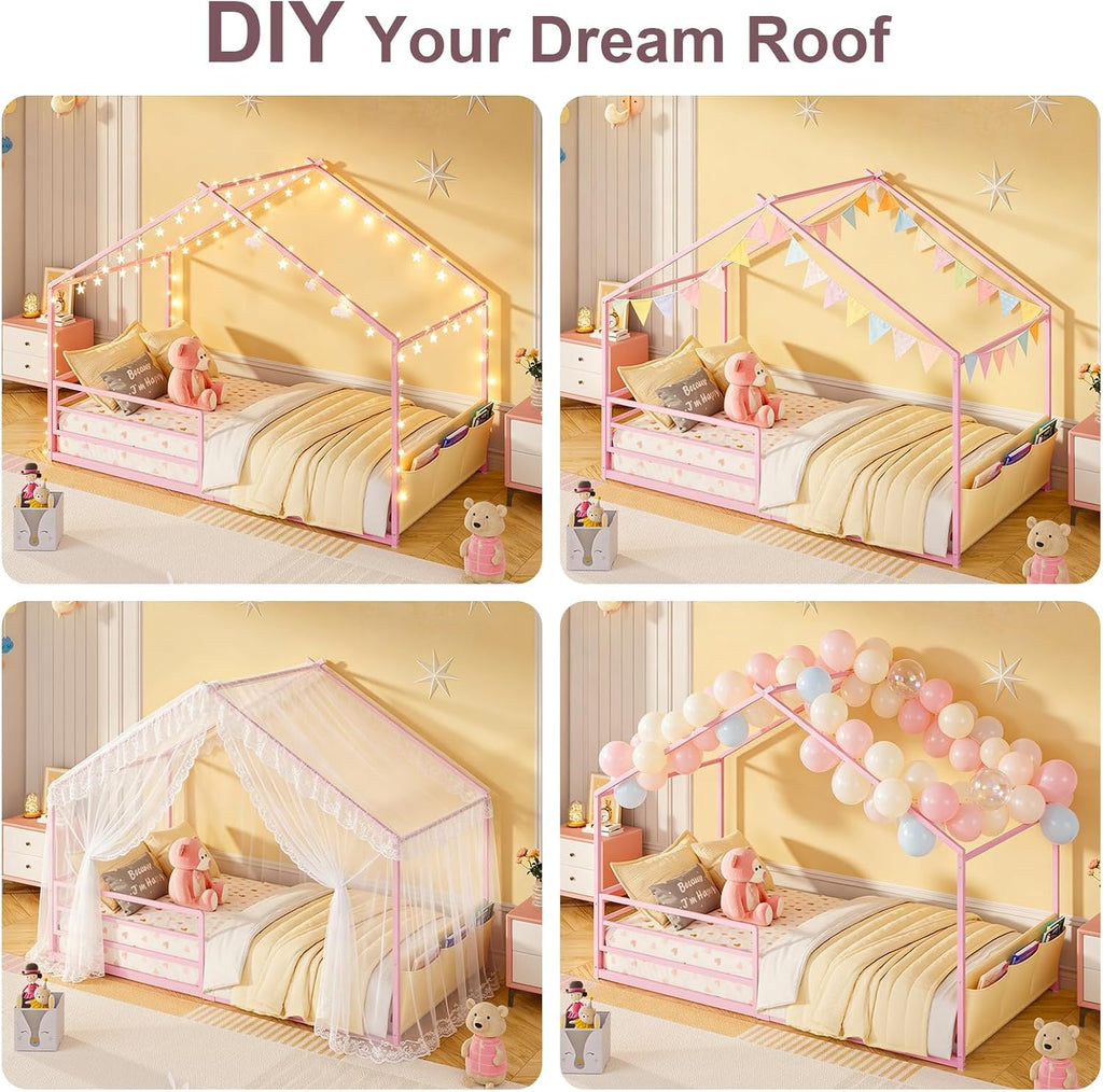 Metal Montessori House Bed for Kids, Pink