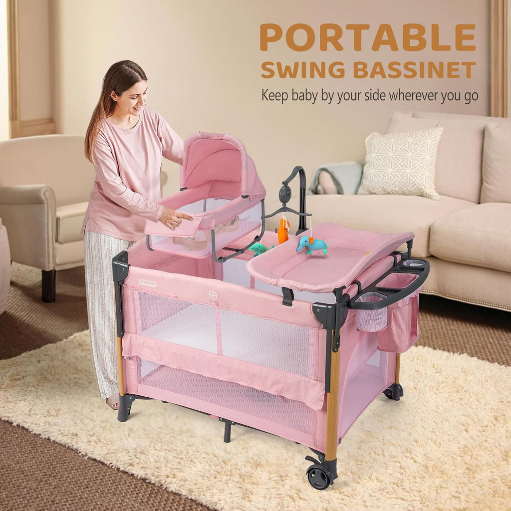 7 in 1 Bedside Bassinet with Changing Table, Baby Girl Bassinet, Pink Bedside Sleeper with Mattress, Sheet, Canopy