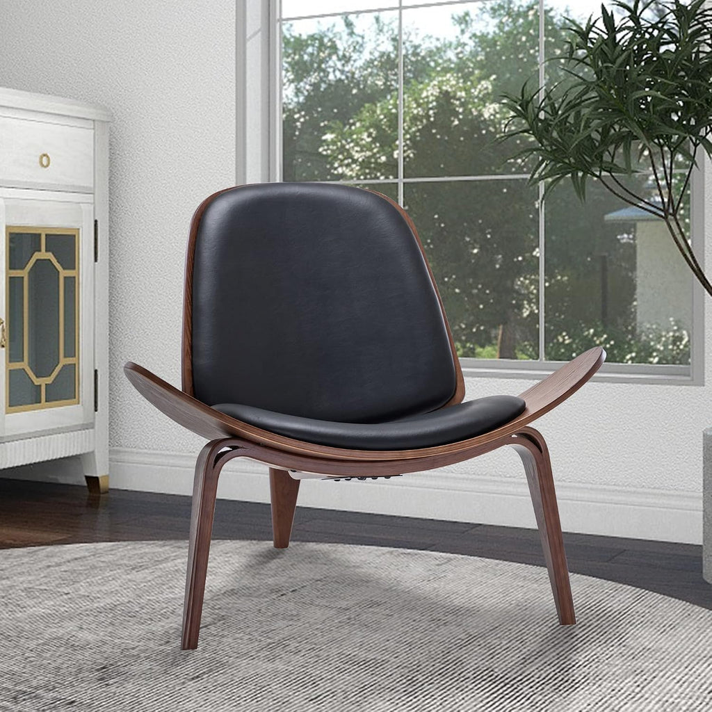 Mid Century Modern Tripod Plywood Lounge Chair Walnut Bentwood Upholstered Faux Leather, Black