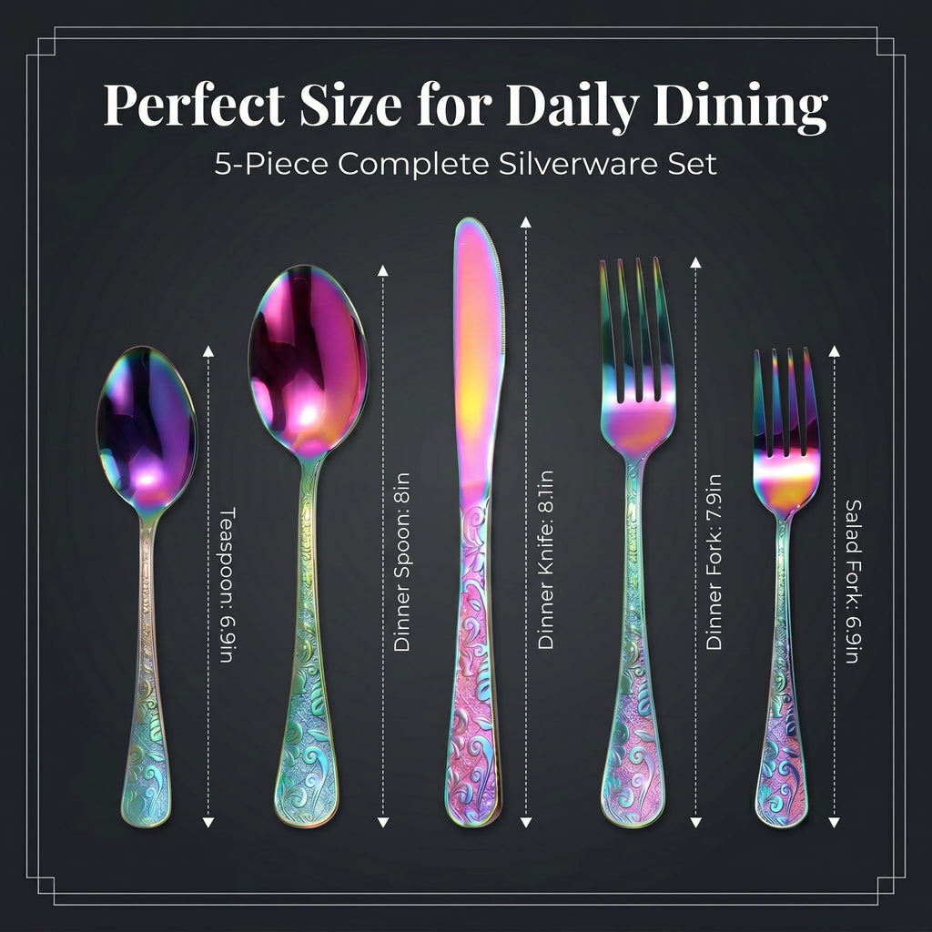 Rainbow Silverware Set, 30 Pieces Vintage Carved Flatware Set for 6, Stainless Steel Cutlery Set with