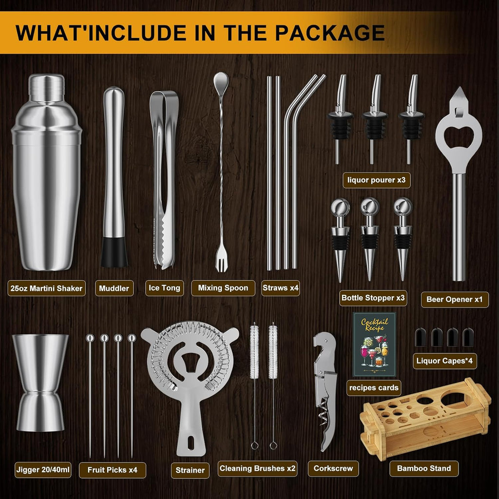 Mixology Bartender Kit with Stand, 25oz Bar Set Cocktail Shaker Set, Professional Bartending Kit Home Bar Tools - Set of 30