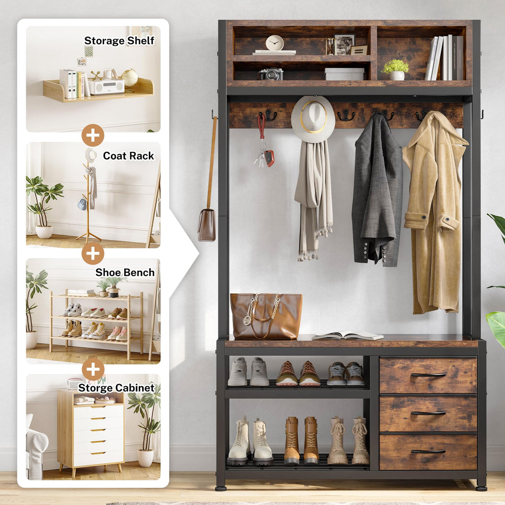 Hall Tree with Bench and Shoe Storage, 31.5" Entryway Cabinet