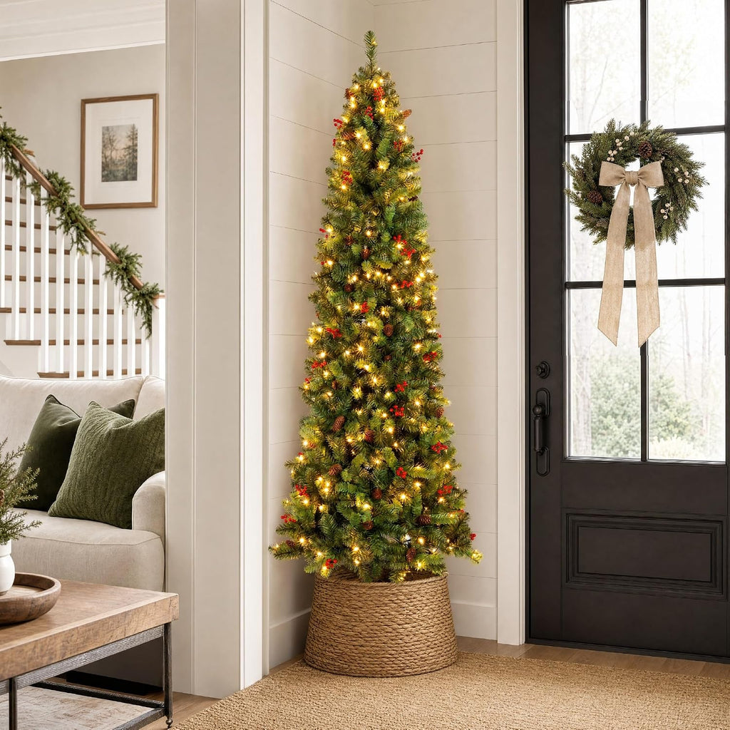Pre-Lit Spruce Pencil Christmas Tree Pre-Decorated w/Twinkling LED Lights Holiday Decoration w/ 250 Lights, 618