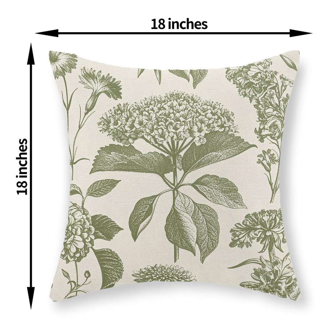 Sage Green Pillow Covers 18x18 Set of 2 Boho Floral Hydrangea Herbs Botanical Throw Pillows Vintage Flower Outdoor