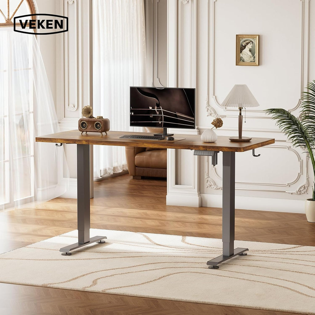 55 Inch Large Electric Standing Desk, Gaming Table, Brown | Height Adjustable Sit Stand Up Computer Tables , Study