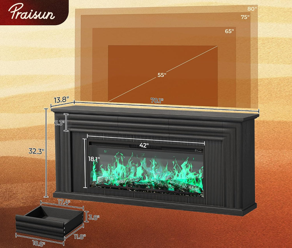 70'' Fireplace TV Stand with 42'' Electric Fireplace, Farmhouse Fluted Entertainment Center with 3 Drawers - Black