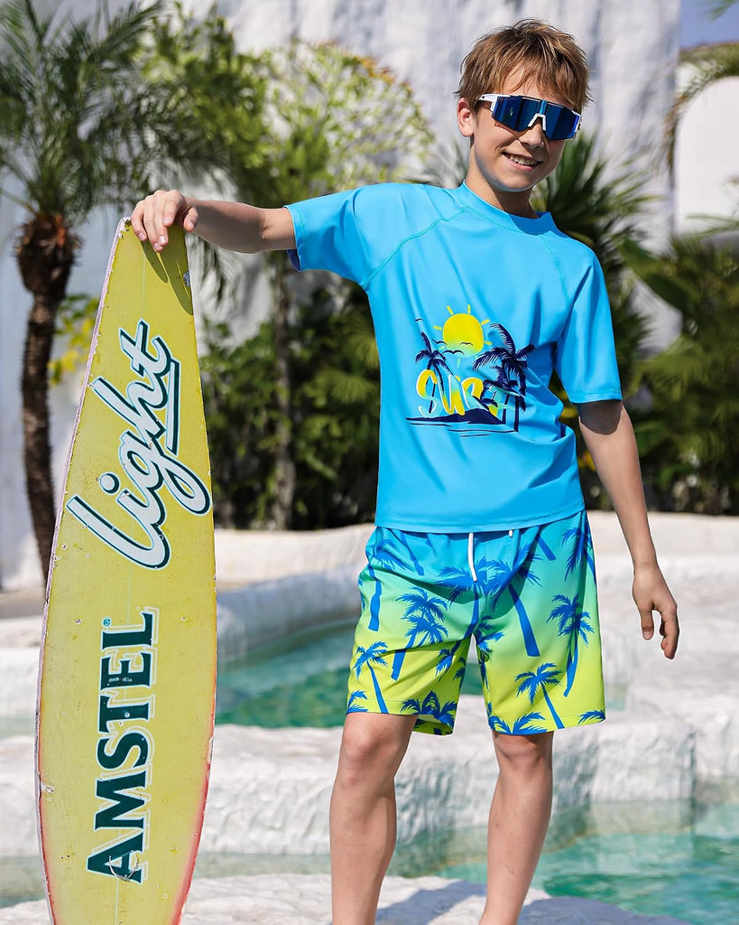 Boys Two Piece Rash Guard Swimsuits Sets Kids Short Sleeve Swimsuits Bathing Suit Swim Trunks Swimwear Set