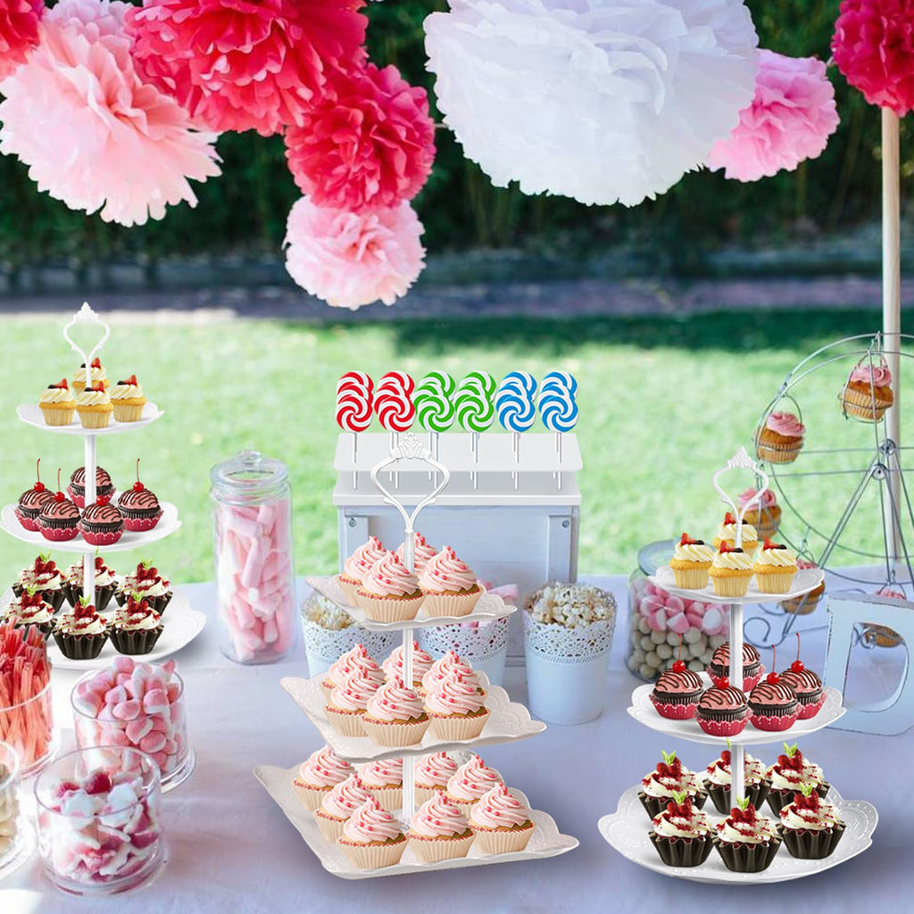 10Pcs Cupcake Stand, Dessert Table Display Set, 4 White 3 Tired Cake Stand 6 Plastic Serving Trays for Party Cookie