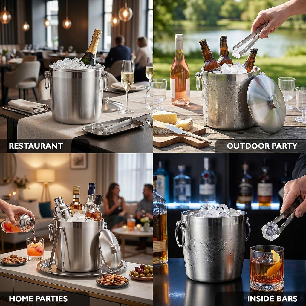 Insulated Ice Bucket With Lid, Tongs & Strainer - 3 Liter Premium Stainless Steel Ice Bucket for Cocktail Bar, Keeps