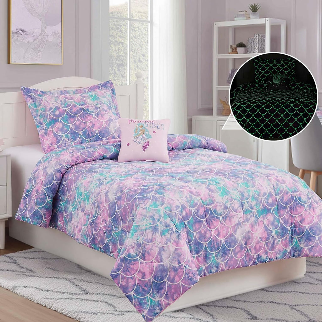Twin Comforter Set for Girls-3 Pieces Mermaid Glow in the Dark Twin Bedding Sets for Kids, 1 Comforter, 1 Sham and 1