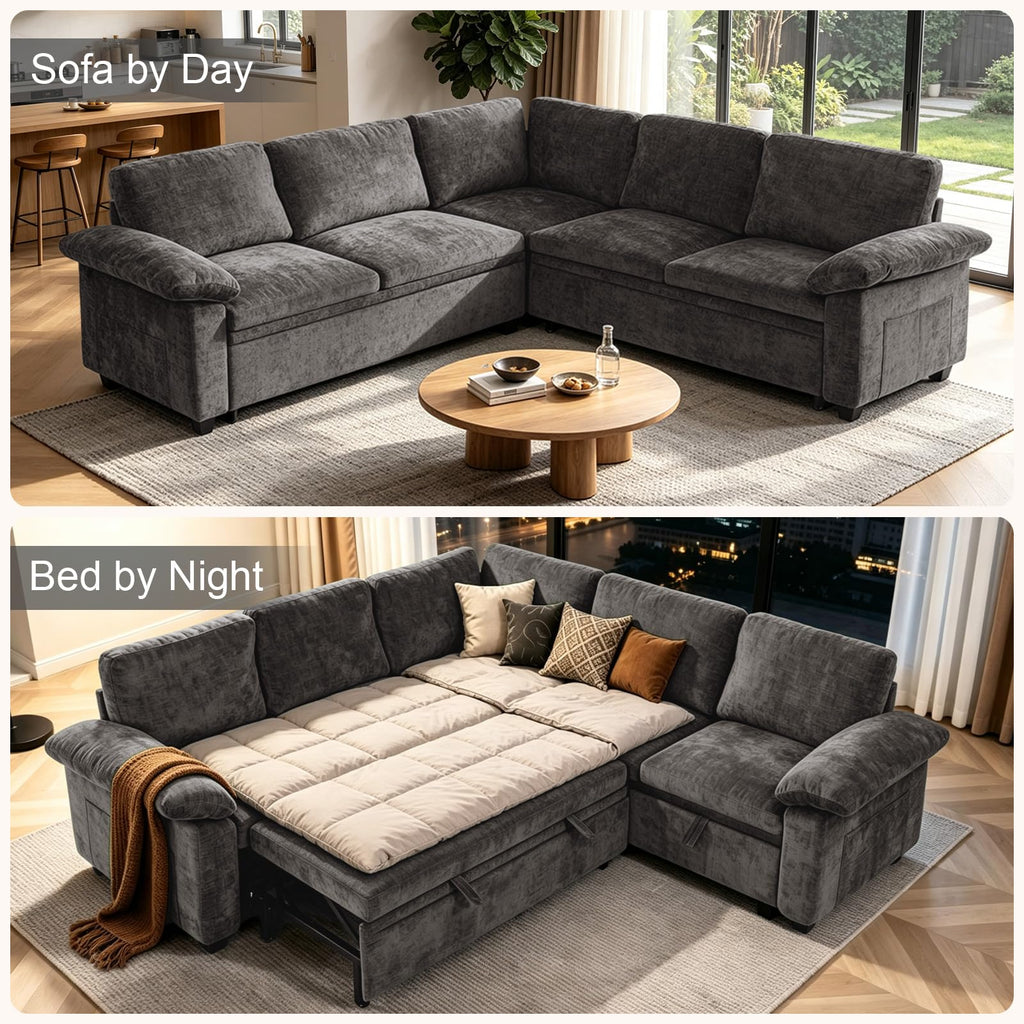 108''Modular Sectional Sleeper Sofa, L Shape Pull Out Sofa Bed with Storage