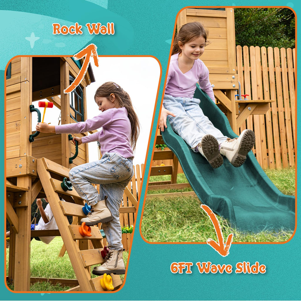 Playground Cedar Wooden Swing Set for Backyard with Playhouse