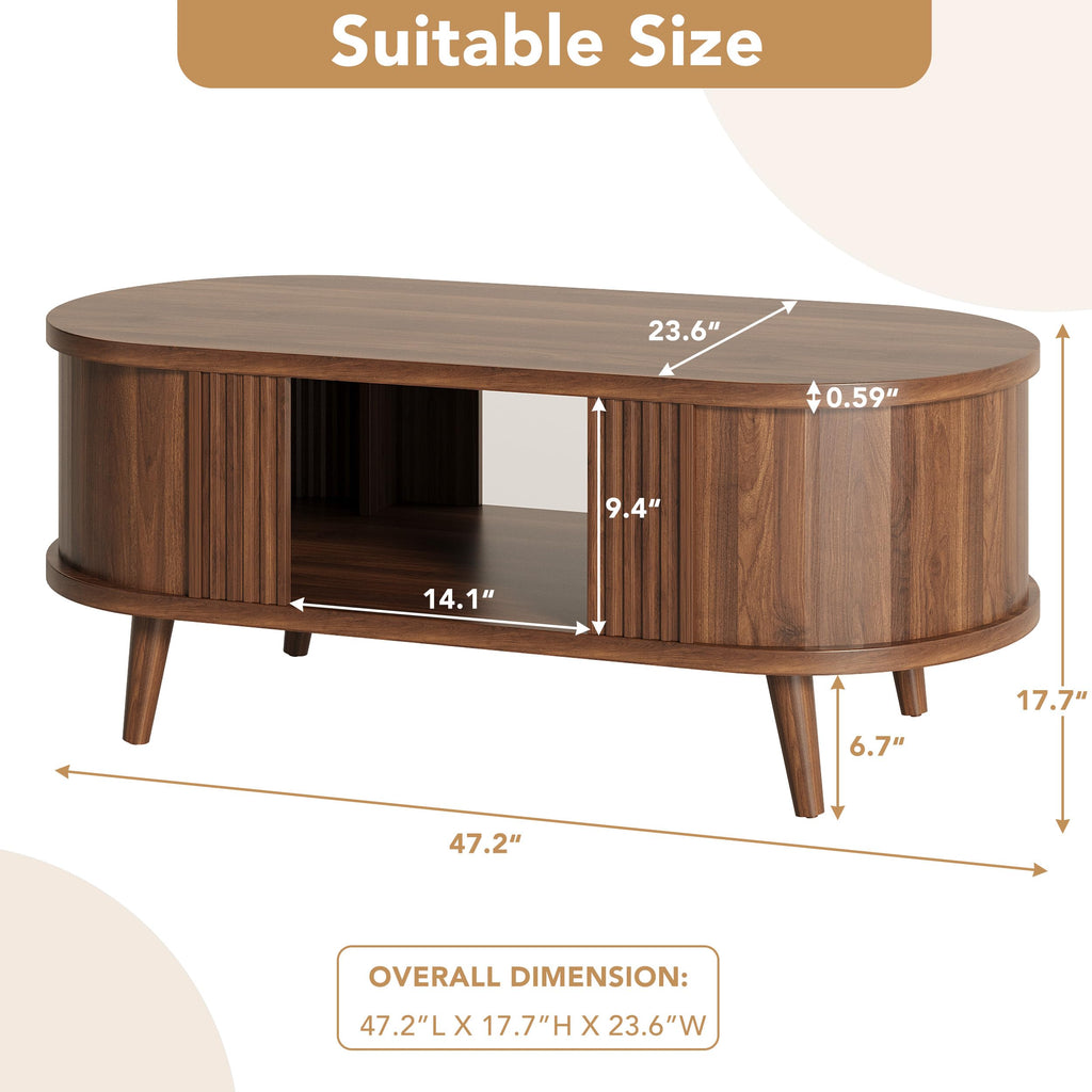 47.2" Oval Fluted Coffee Table with Storage, Fluted Mid-Century, Walnut