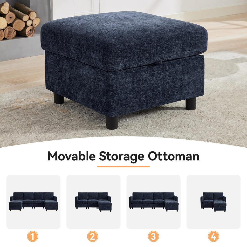 Modular Sectional Couch with Storage, 25'' Storage Sofa Ottoman, Navy