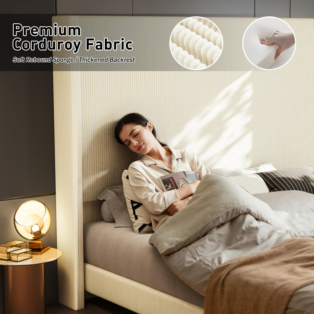 King Size 65" Upholstered Bed Frame with USB Charging Station, Soft Washable Corduroy Cover with Wingback Headboard