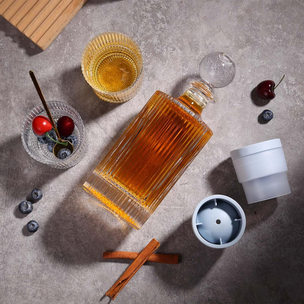 Whiskey Decanter Set with Gift Box - Includes 2 Crystal Bourbon Glasses and 2 Big Ice Ball Molds - Whiskey Glasses