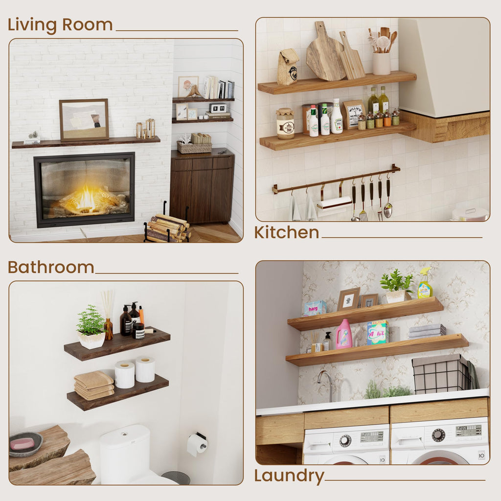 Floating Shelves for Wall, 8" Deep Elm Wood Shelves, 40in Set of 1, Walnut