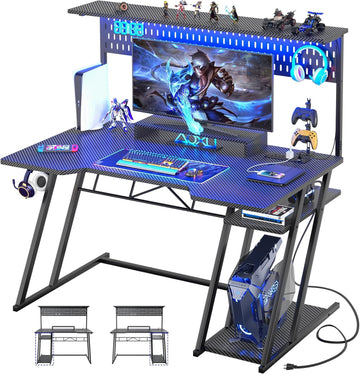 Gaming Computer Desk with Shelves and Outlets, Gaming Desk with Hutch and LED Lights, Reversible PC Gaming Desks with