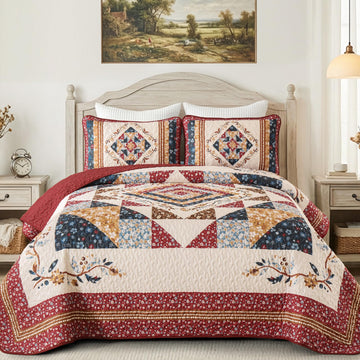 Patchwork Quilt Bedding Set, Red Farmhouse Floral Bedspread