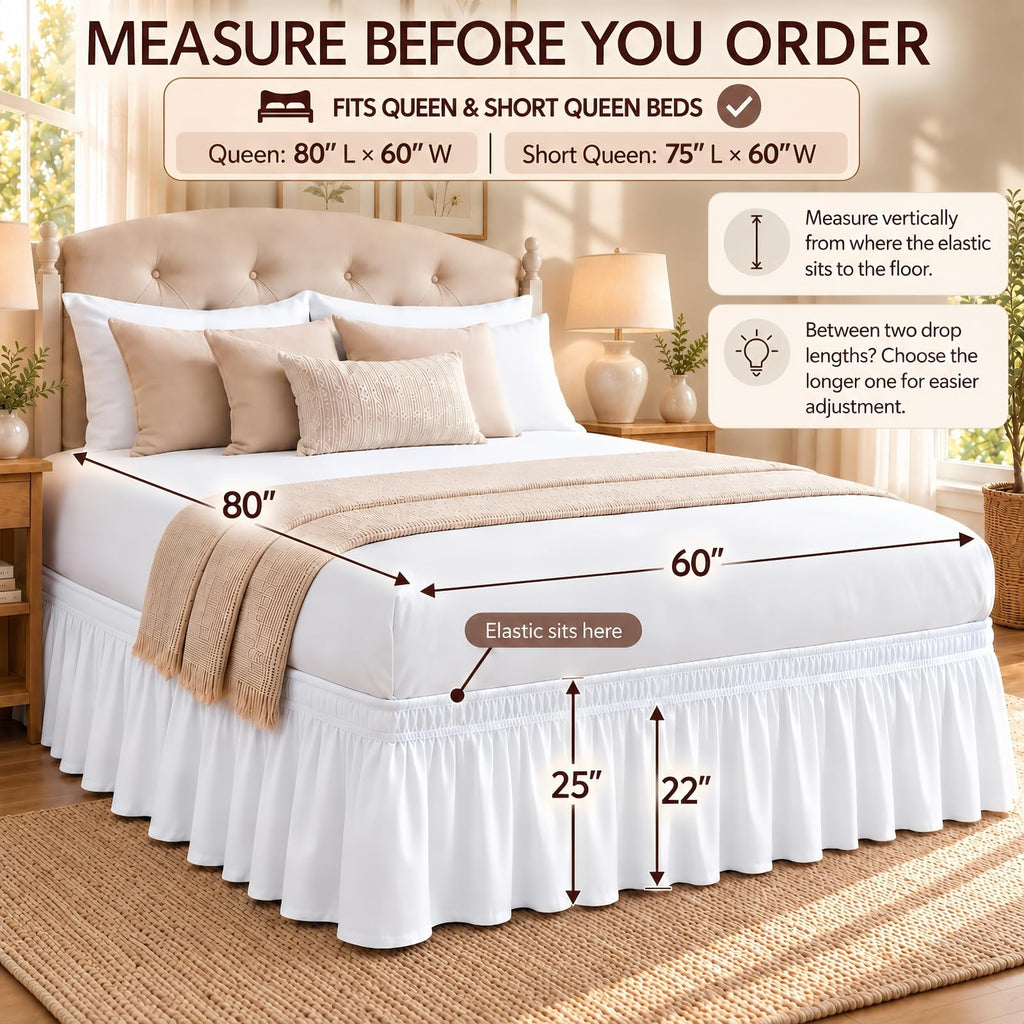 Warm White Bed Skirt Queen Size 25" Drop, Elastic Wrap Around Bedskirt