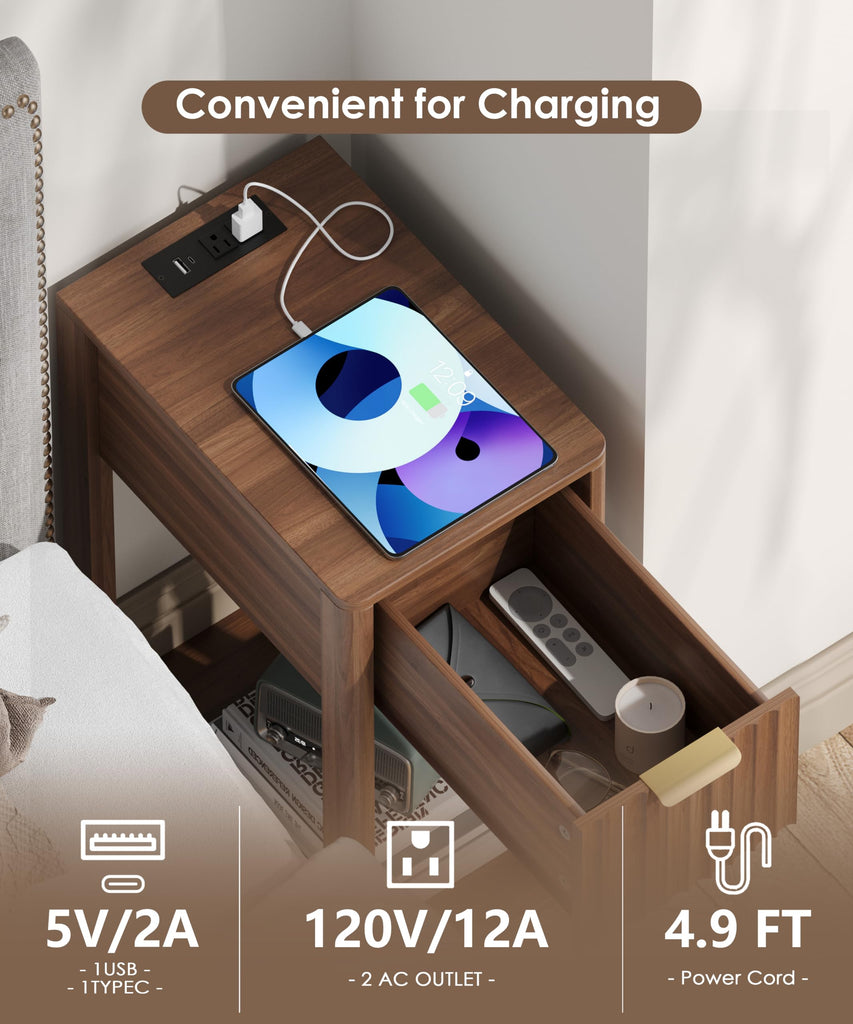 Narrow Nightstand Set 2 with Charging Station Fluted Table Walnut
